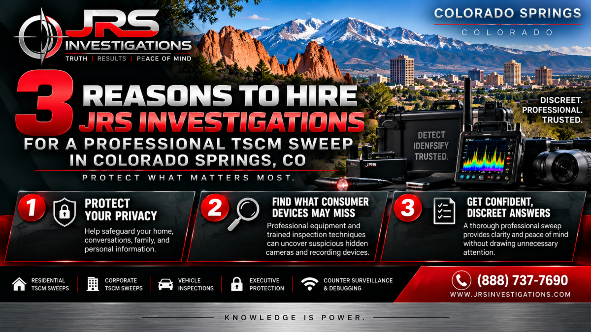 JRS Investigations professional TSCM bug sweep in Colorado Springs Colorado for hidden cameras and listening devices