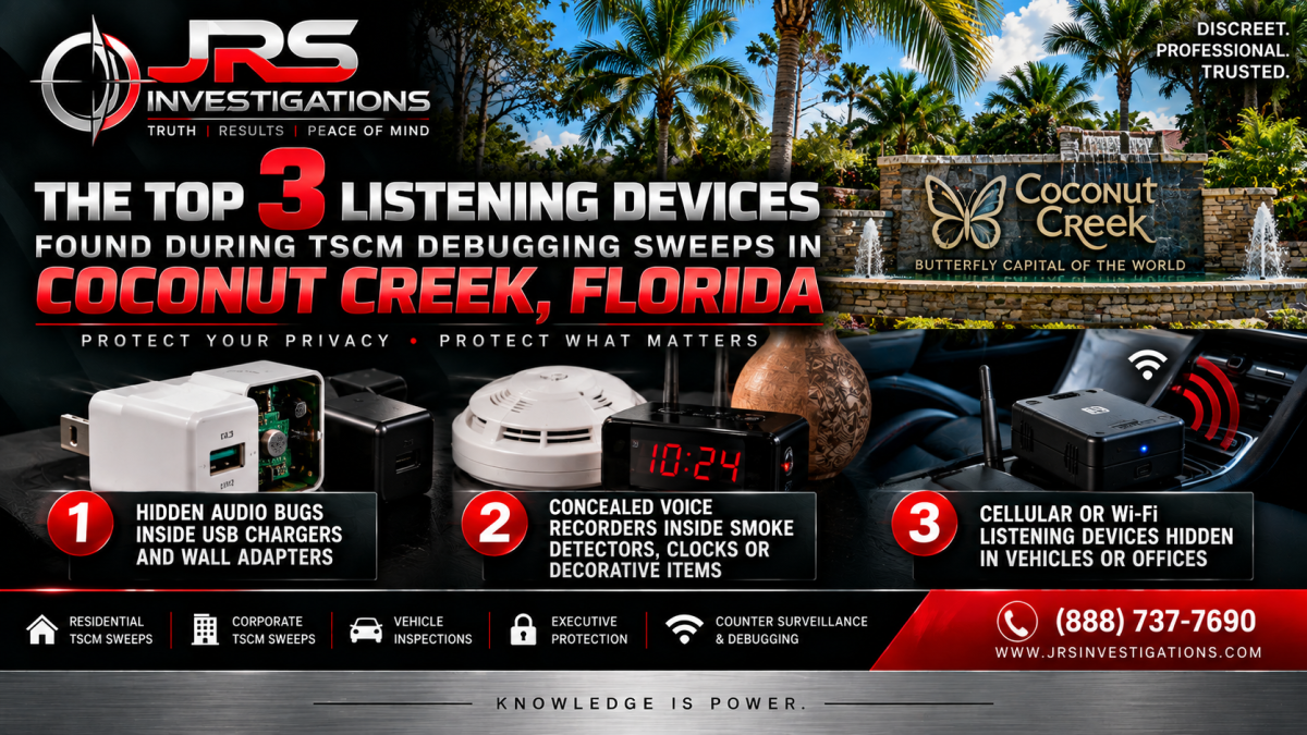 JRS Investigations TSCM bug sweep in Coconut Creek Florida detecting hidden listening devices