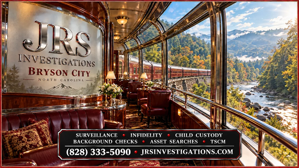 JRS Investigations Bryson City private investigator artwork featuring a railway observation car
