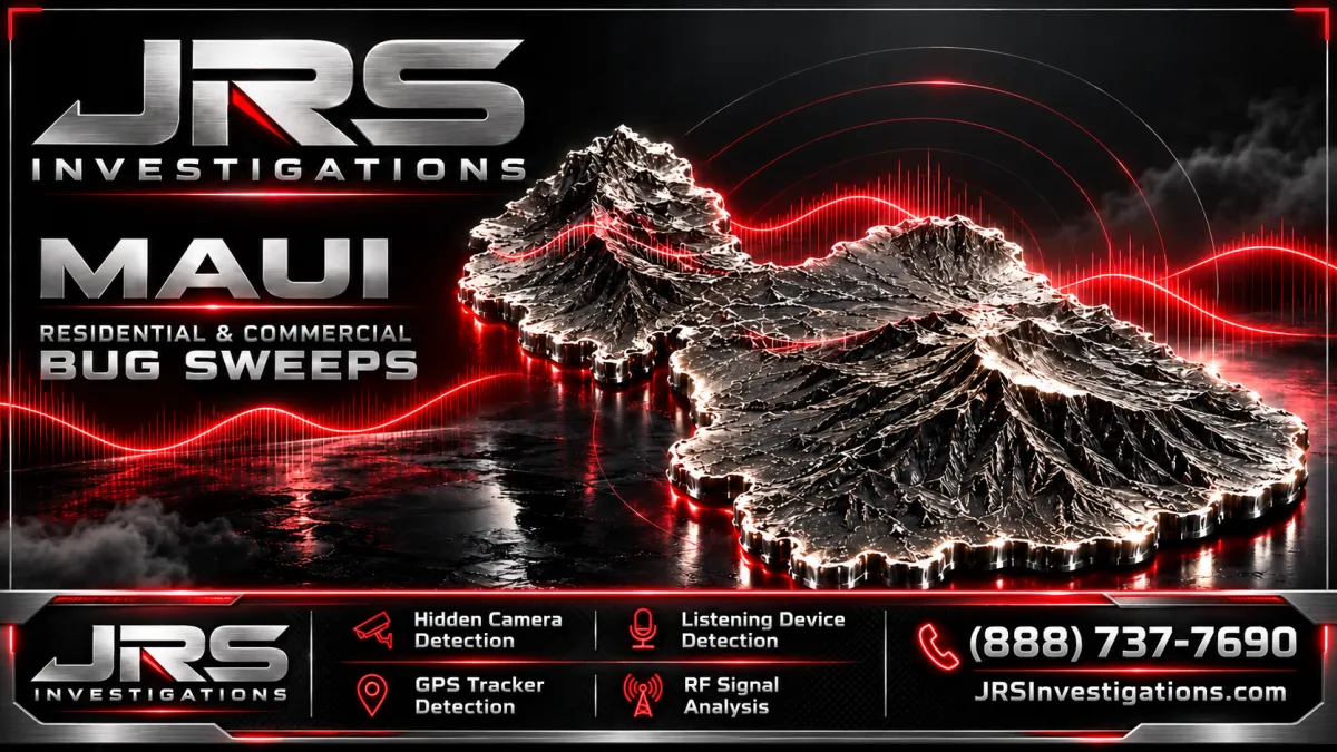 JRS Investigations Maui residential and commercial bug sweeps with metallic Maui island and RF frequency artwork