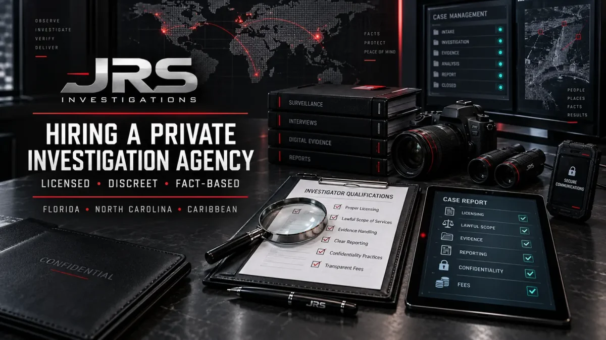 JRS private investigation agency hiring guide with licensing checklist, camera, case files, secure communications, and reporting tools