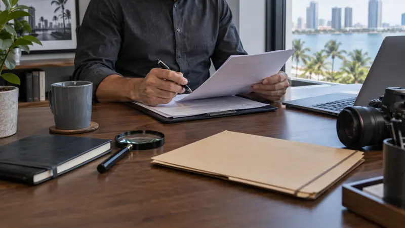 Private investigator reviewing case documents with camera, laptop, notebook, and magnifying glass
