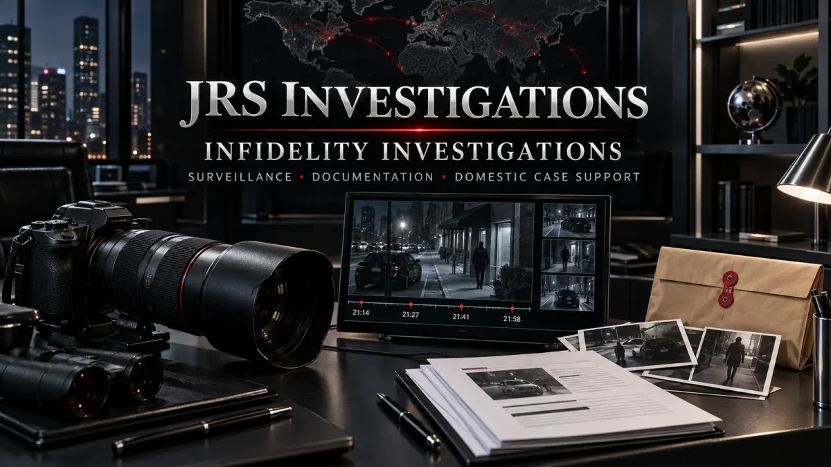 JRS infidelity investigations with surveillance camera, observation timeline, evidence envelope, photographs, and documented domestic case support