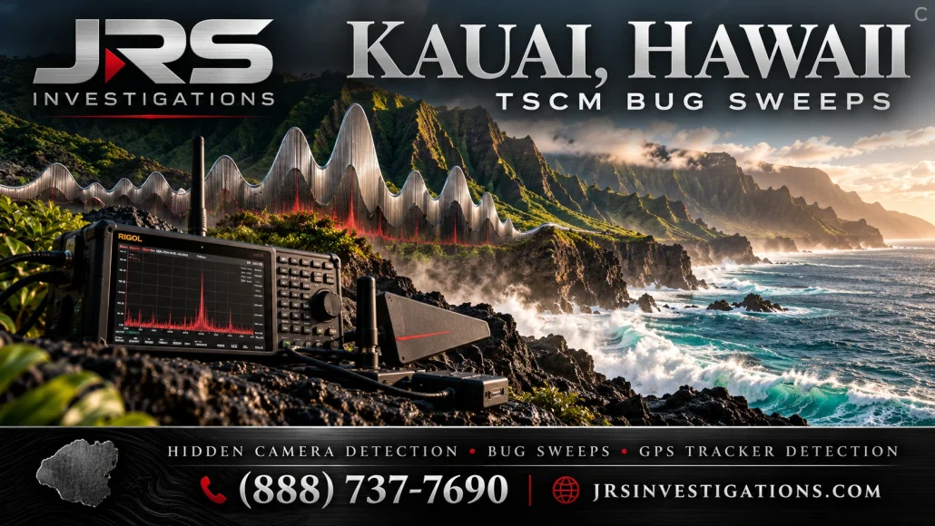 JRS Investigations Kauai TSCM bug sweeps with silver sound waves along the Na Pali coastline