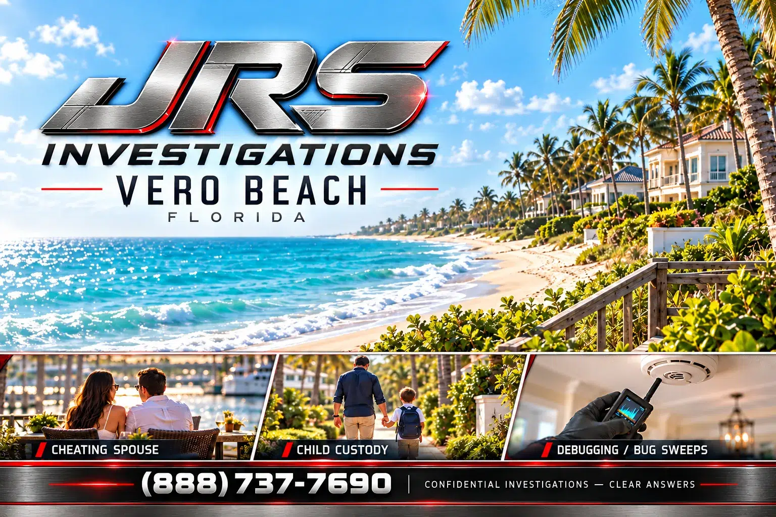 JRS Investigations Vero Beach artwork highlighting cheating spouse investigations, child custody investigations and debugging services.
