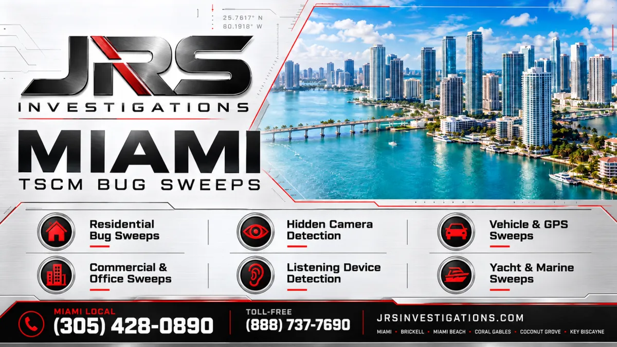 JRS Investigations Miami TSCM bug sweeps for homes offices vehicles and yachts. Miami (305) 428-0890.
