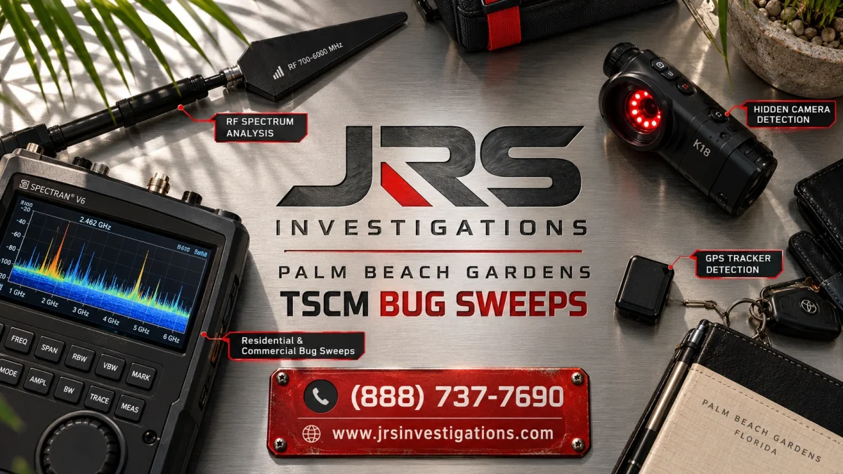 JRS Investigations Palm Beach Gardens TSCM bug sweeps, RF spectrum analysis, hidden camera and GPS tracker detection; call (888) 737-7690.