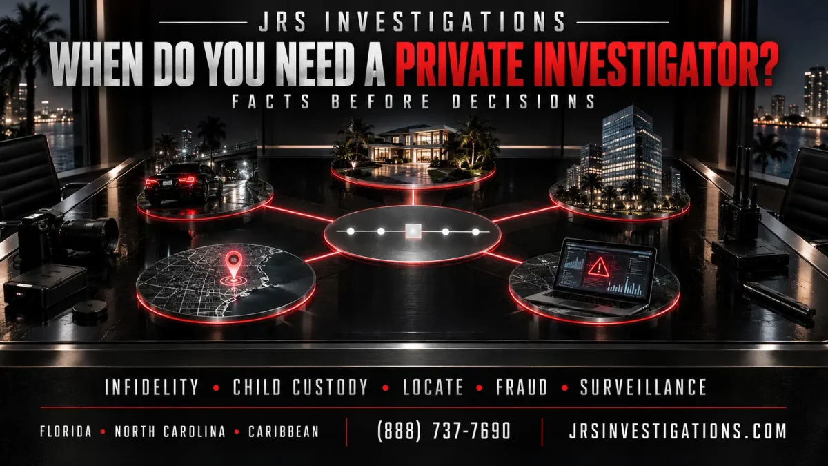 Investigation decision room showing surveillance, child custody, locate, fraud and business investigation scenarios