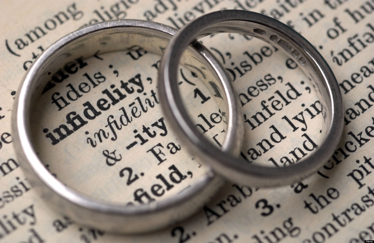 A3G275 Wedding rings on a dictionary showing the word infidelity