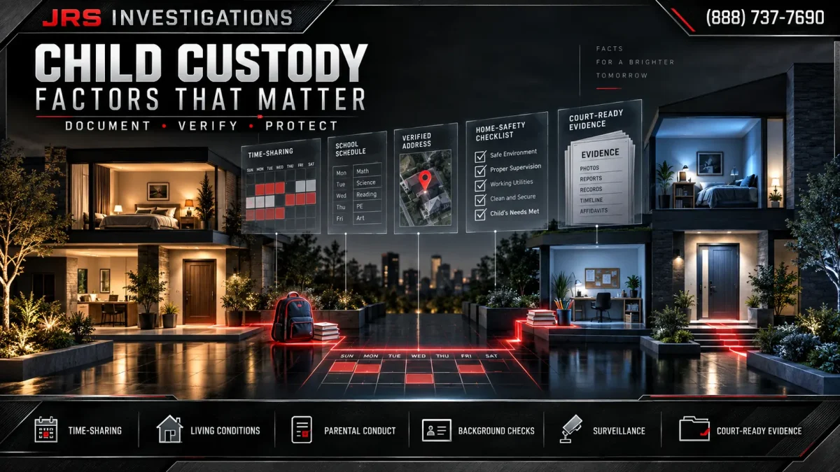 Child custody investigation factors including time-sharing, living conditions, parental conduct, background checks, surveillance and court-ready evidence