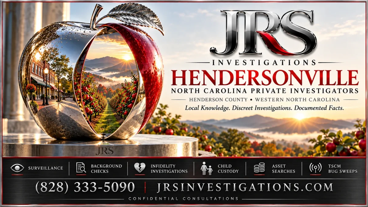 JRS Investigations Hendersonville private investigator services, with a chrome apple framing an orchard and mountain landscape.