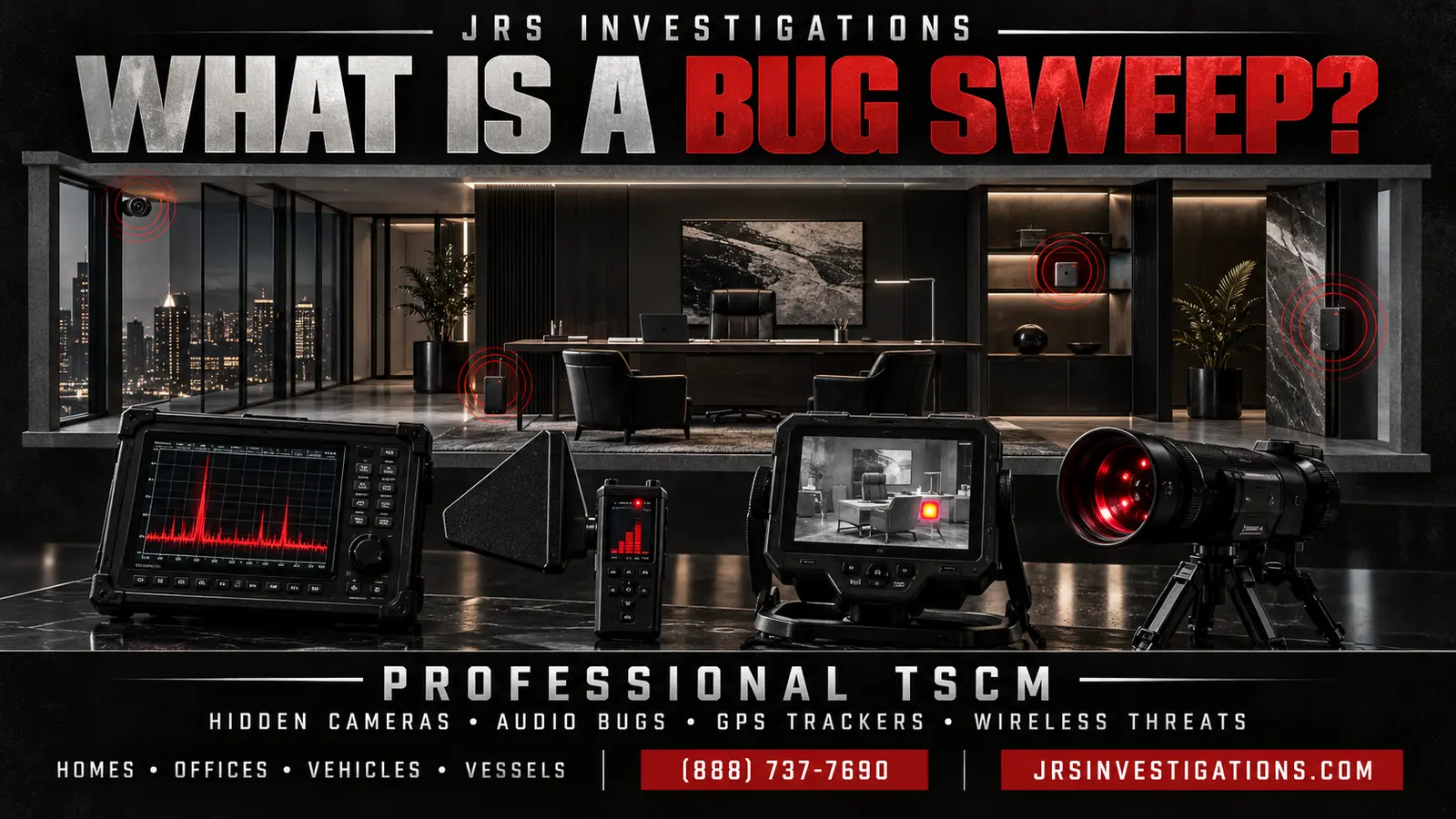 Professional TSCM bug sweep equipment detecting hidden cameras, audio bugs, GPS trackers and wireless threats