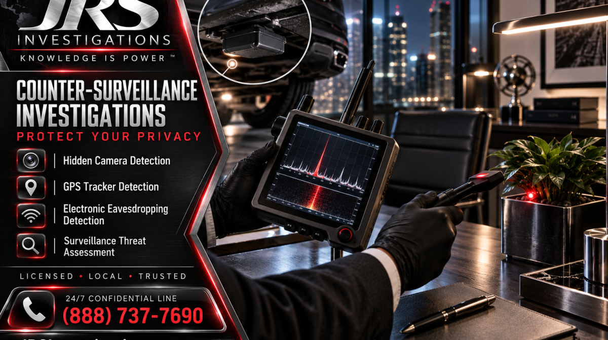 JRS Investigations counter-surveillance services including hidden camera detection, GPS tracker detection, electronic eavesdropping detection, and surveillance threat assessment