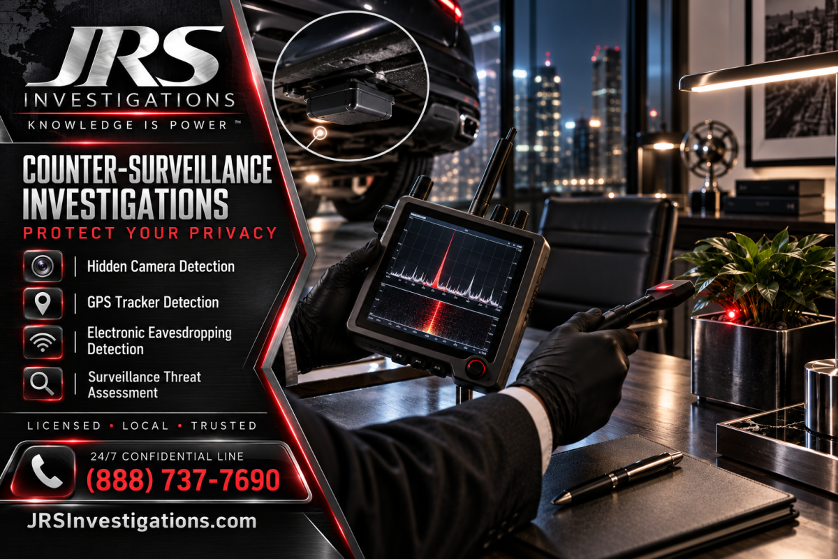 JRS Investigations counter-surveillance services including hidden camera detection, GPS tracker detection, electronic eavesdropping detection, and surveillance threat assessment