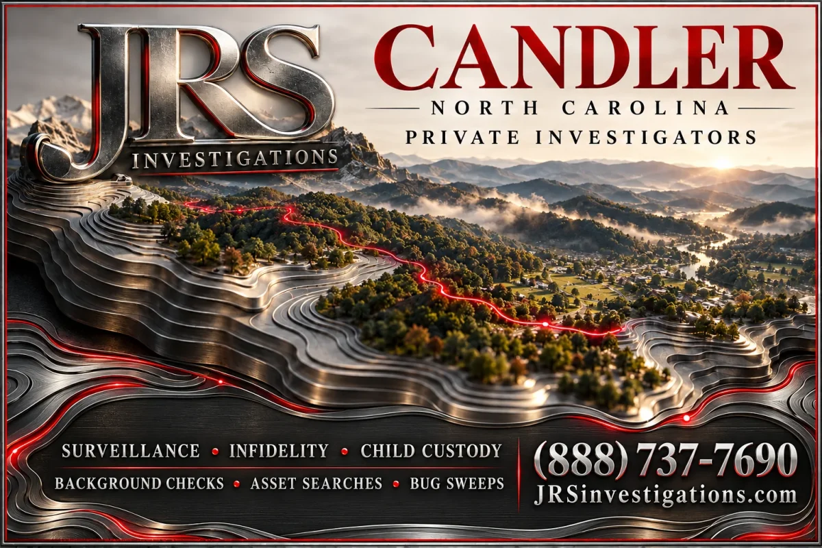 JRS Investigations Candler North Carolina private investigators with sculpted silver mountain artwork and contact information