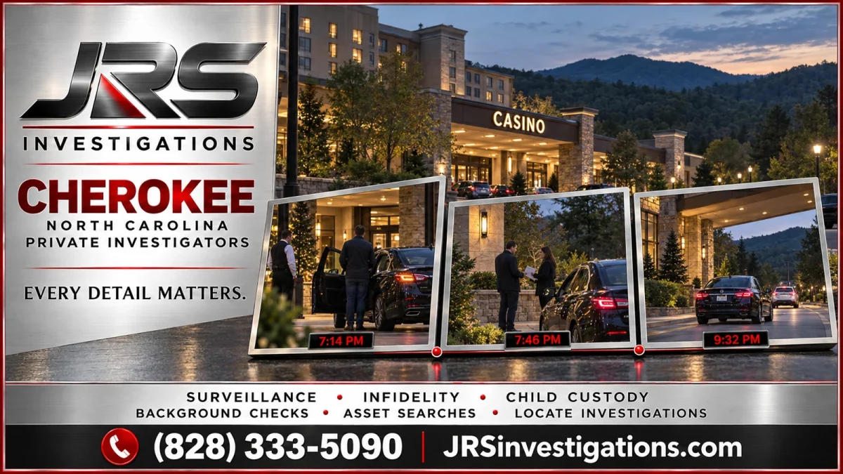 JRS Investigations Cherokee private investigator artwork with casino-inspired surveillance scenes and local contact number