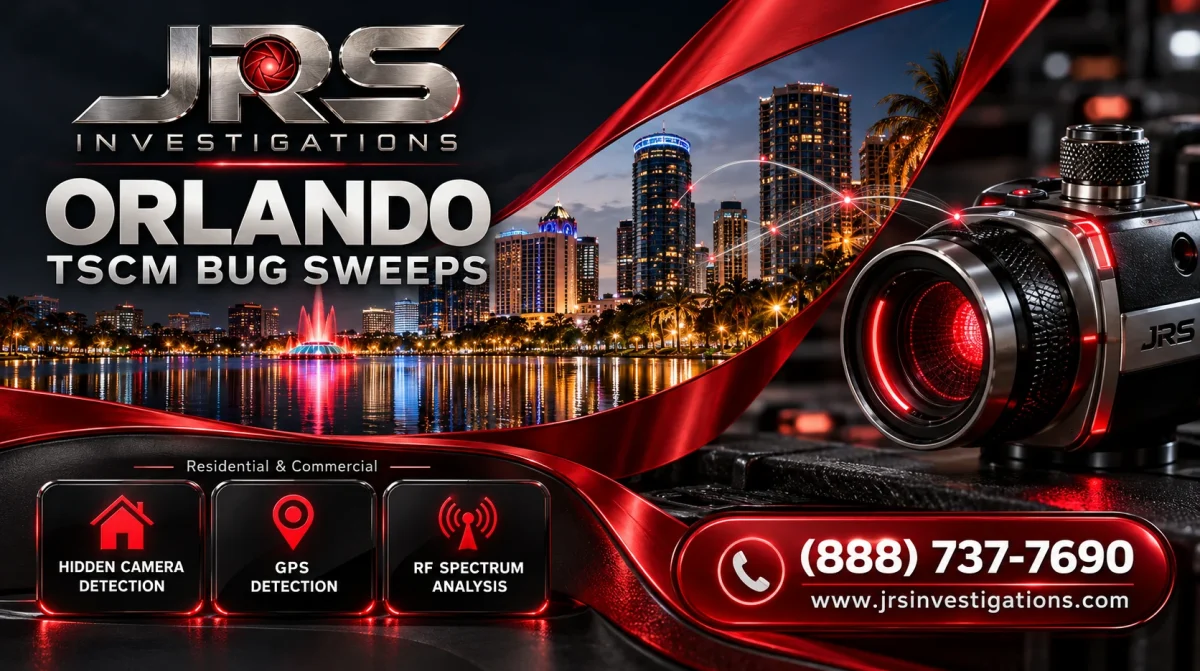 Orlando skyline and Redline Command design for JRS Investigations TSCM bug sweeps, hidden camera detection, GPS detection and RF spectrum analysis. Call (888) 737-7690.