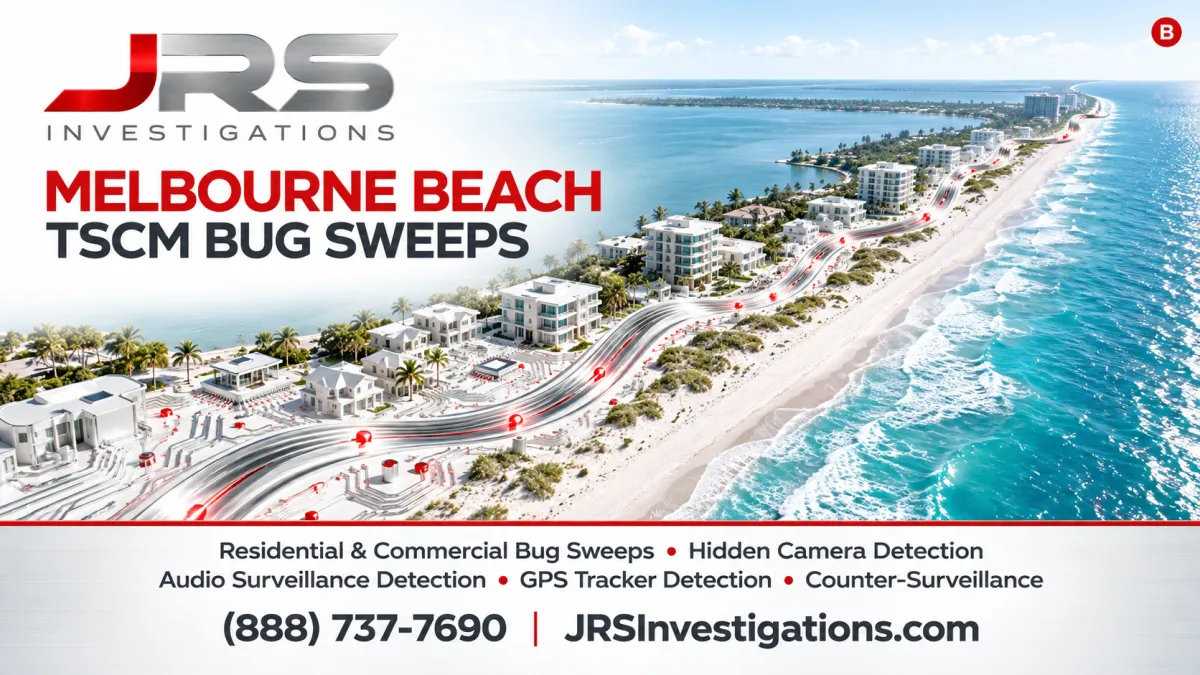 JRS Investigations Melbourne Beach TSCM bug sweeps, bright coastal circuit artwork with services and contact information