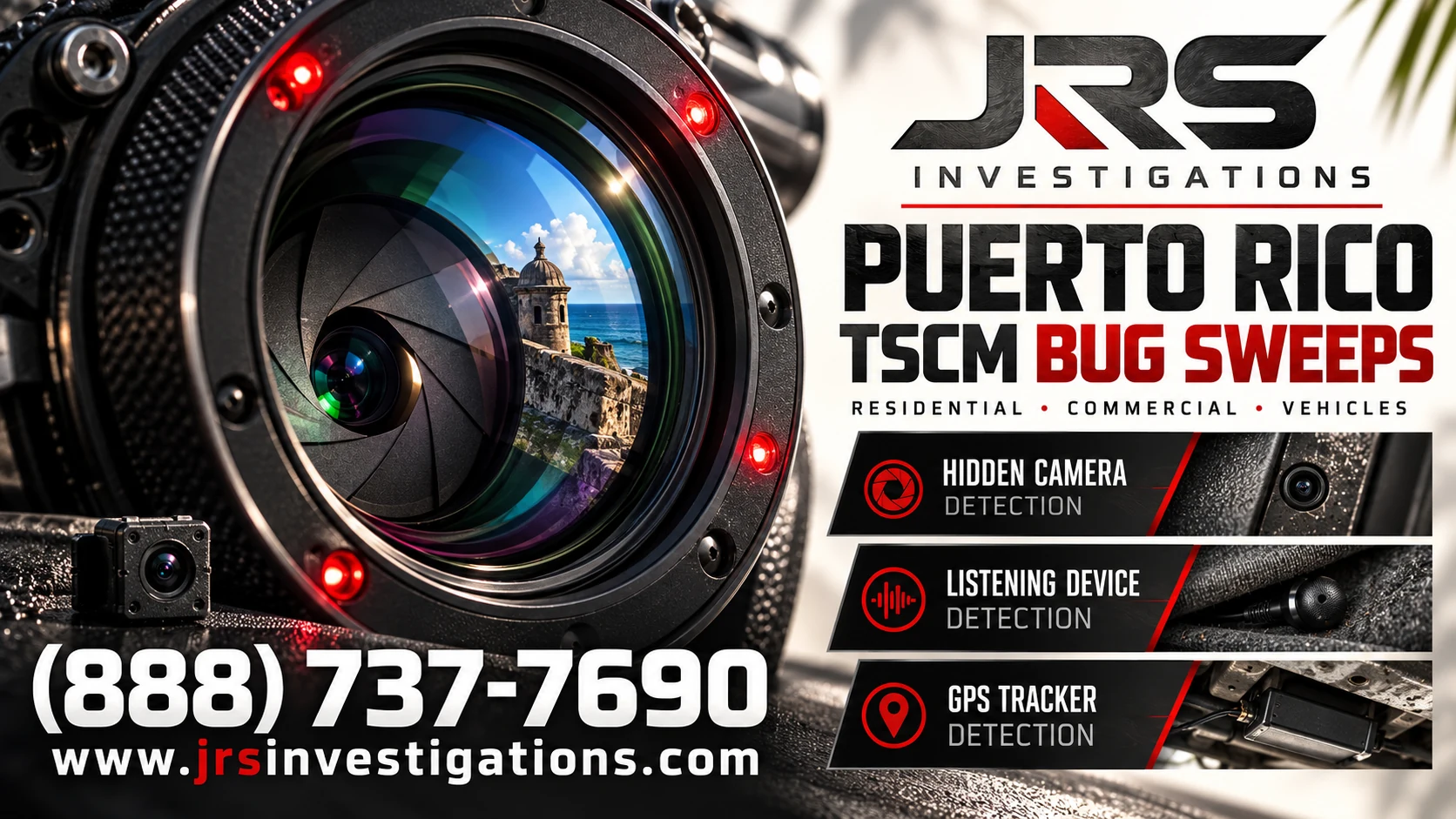 JRS Investigations Puerto Rico TSCM bug sweeps: hidden camera, listening device and GPS tracker detection, with San Juan reflected in an optical lens.