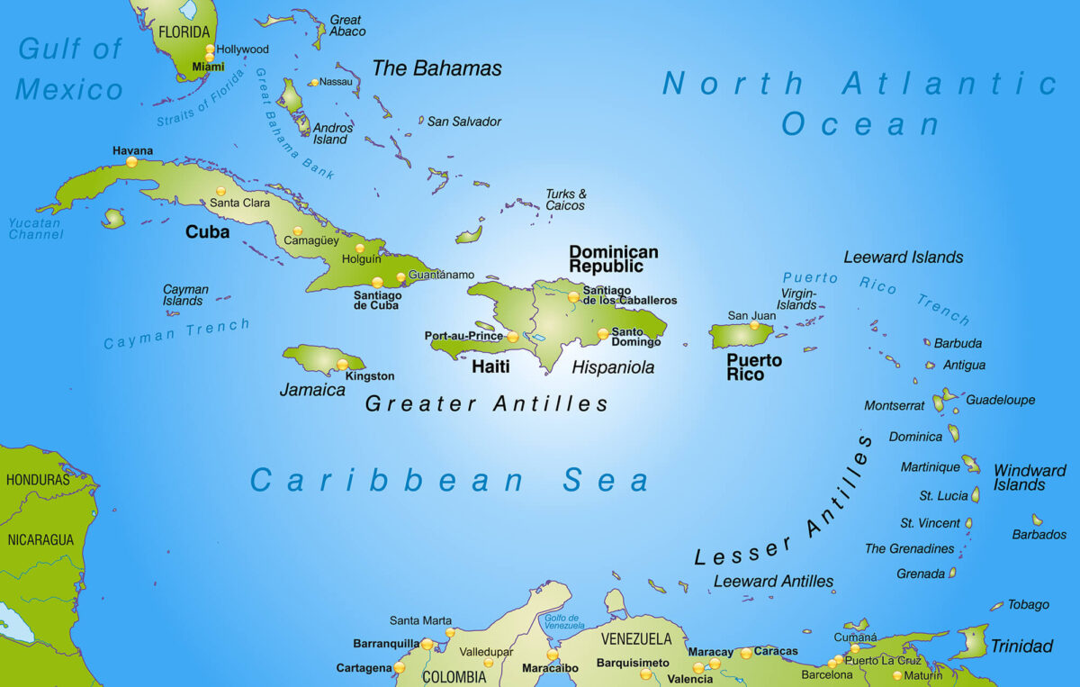 Map of Caribbean islands and surrounding regional destinations