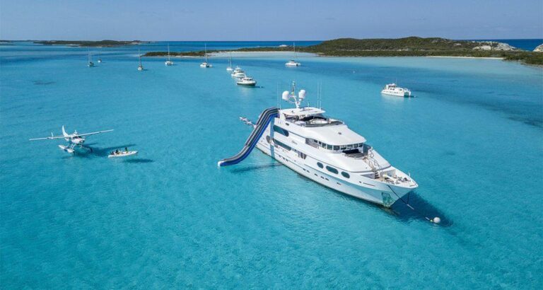 Yacht on turquoise water in the Bahamas