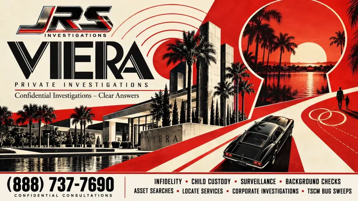 JRS Investigations Viera — retro red, black and silver artwork featuring private investigation services