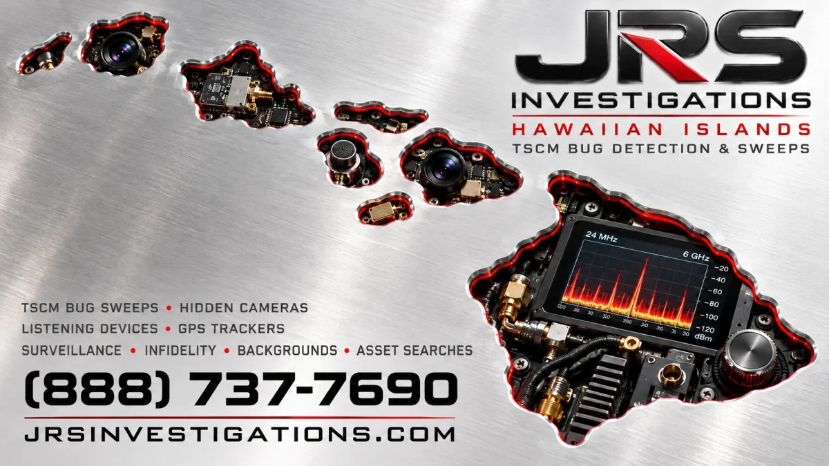 Hawaiian island silhouettes with bug detection technology on brushed silver, JRS Investigations, 888-737-7690