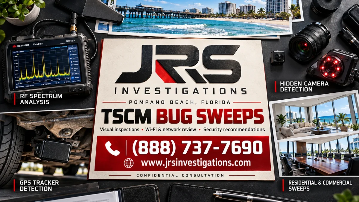 Technical surveillance inspection equipment in a Pompano Beach coastal interior, with JRS Investigations branding.