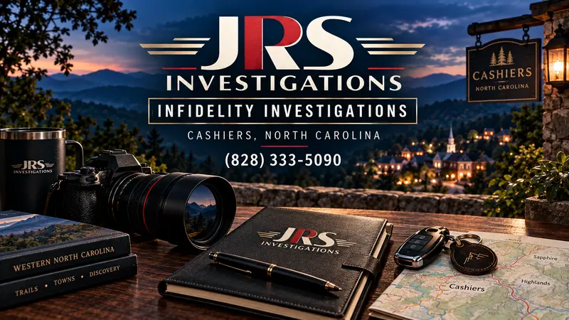 JRS Investigations infidelity investigator artwork for Cashiers, North Carolina with Blue Ridge Mountains, camera, case notebook and map