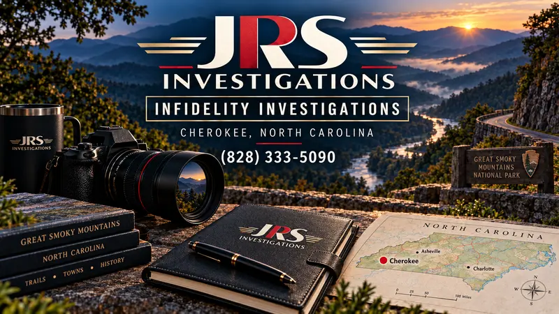 JRS Investigations infidelity investigator artwork for Cherokee, North Carolina with Great Smoky Mountains, camera, case notebook and location map