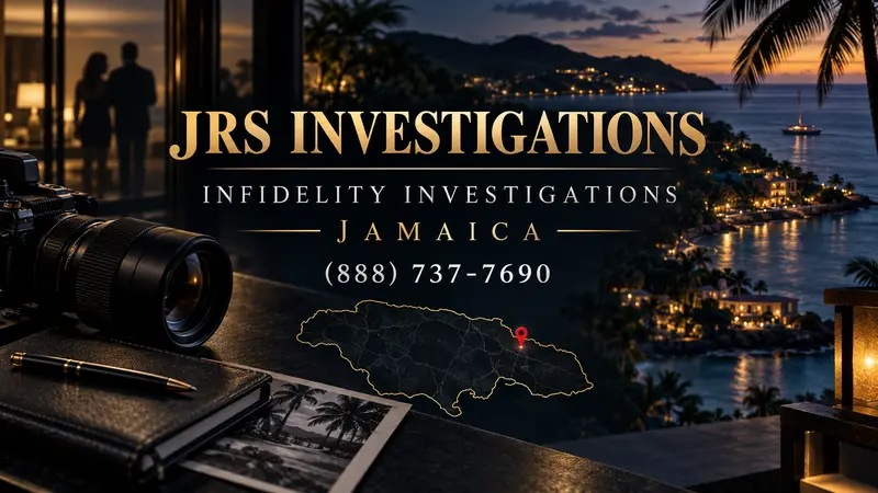JRS Investigations Jamaica infidelity investigator artwork with Caribbean coastline, discreet camera, case notebook, couple silhouettes and Jamaica location map