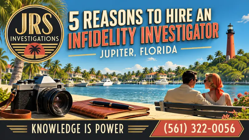 JRS Investigations infidelity investigator artwork for Jupiter, Florida with Jupiter Inlet Lighthouse and phone number 561-322-0056