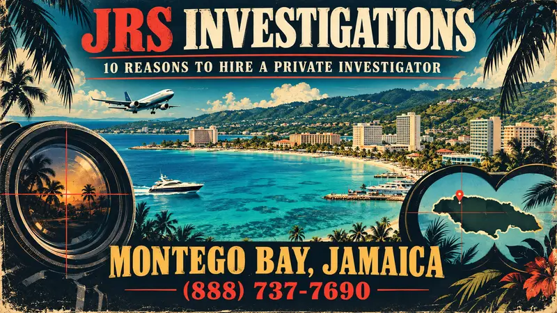 Retro JRS Investigations artwork for ten reasons to hire a private investigator in Montego Bay Jamaica featuring the coastline, airport, resorts, camera lens and Jamaica map pin