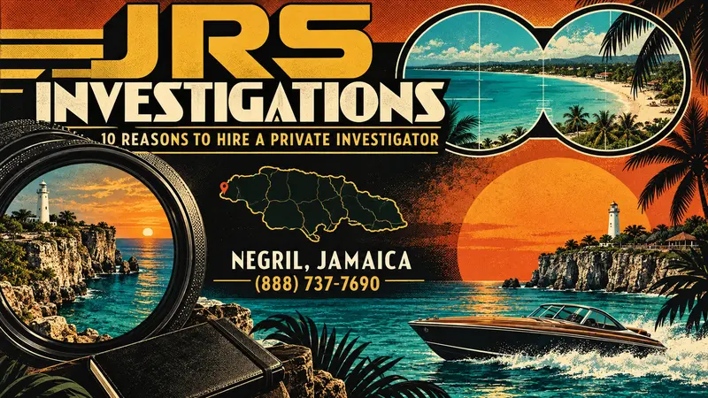 Retro 1970s JRS Investigations artwork for hiring a private investigator in Negril, Jamaica with cliffs, lighthouse, Seven Mile Beach, speedboat, camera lens and western Jamaica map pin