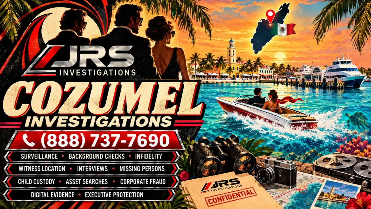 JRS Investigations Cozumel criminal investigations with surveillance, background checks, infidelity, witness location, interviews, missing persons, child custody, asset searches, corporate fraud, digital evidence and executive protection