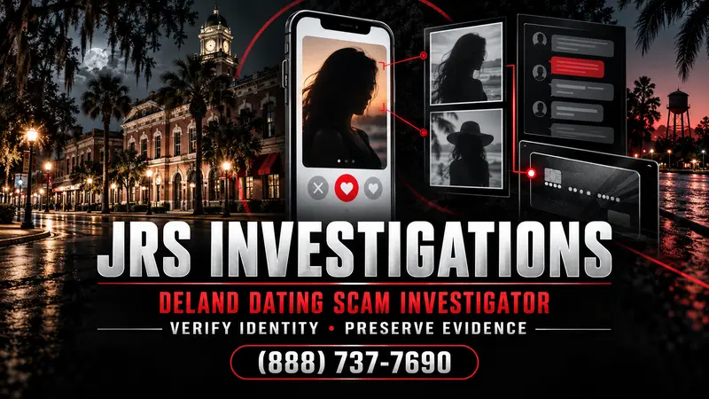DeLand online dating scam investigator with identity, message, and payment-verification graphics