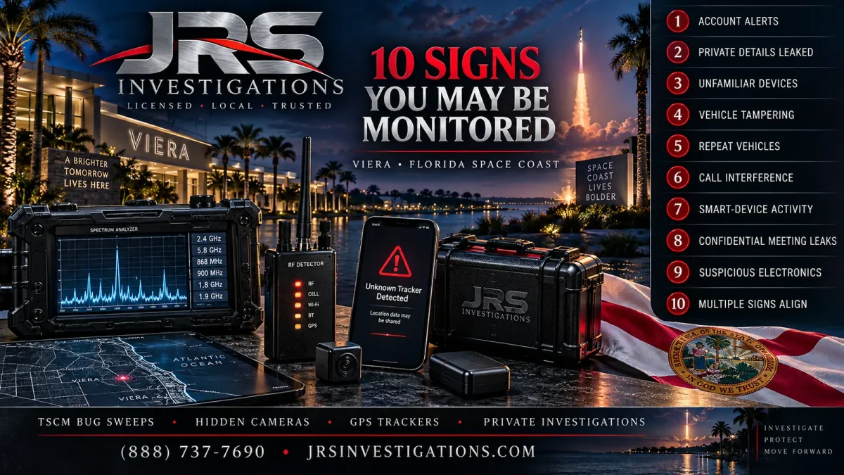 JRS Investigations Viera Florida monitoring warning signs with Space Coast rocket launch, TSCM equipment, hidden camera, GPS tracker and ten warning signs
