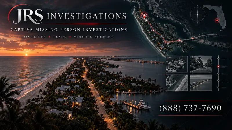 Captiva missing person investigator timeline, verified leads, and island search-route artwork by JRS Investigations