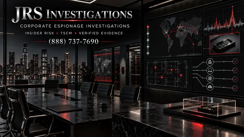 Corporate espionage investigator artwork showing insider-risk mapping, TSCM analysis, evidence nodes, and a secure boardroom