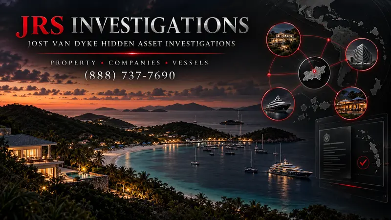 Jost Van Dyke hidden asset investigator artwork showing property, company, vessel, and business relationship nodes