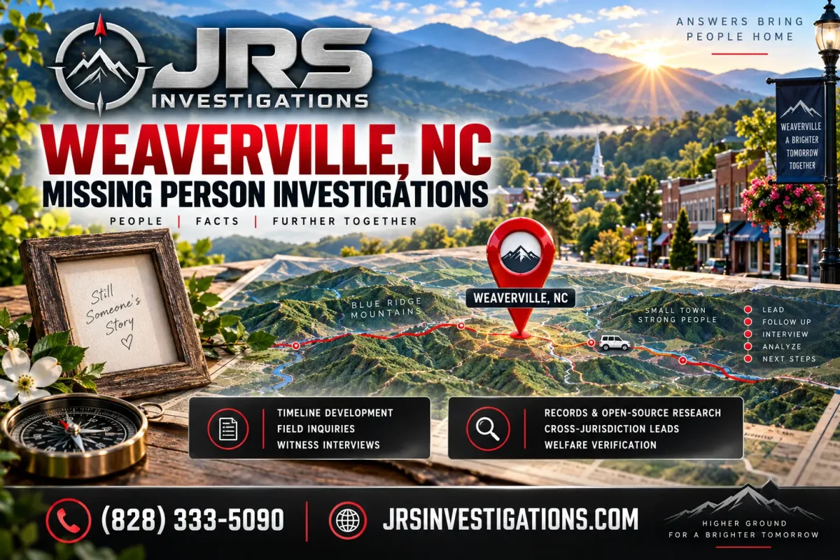 Weaverville NC missing person investigator services including timeline development, field inquiries, witness interviews, records research and welfare verification