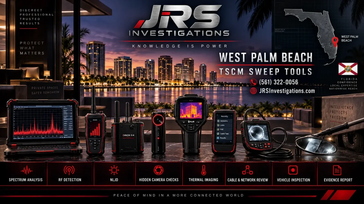 JRS Investigations West Palm Beach TSCM sweep tools with spectrum analyzer, RF detector, NLJD, hidden-camera detector, thermal camera, cable tester, vehicle inspection mirror, Florida map and local phone number