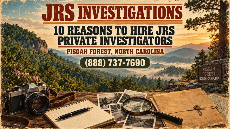 Pisgah Forest private investigator services with Appalachian mountain scenery and investigative equipment