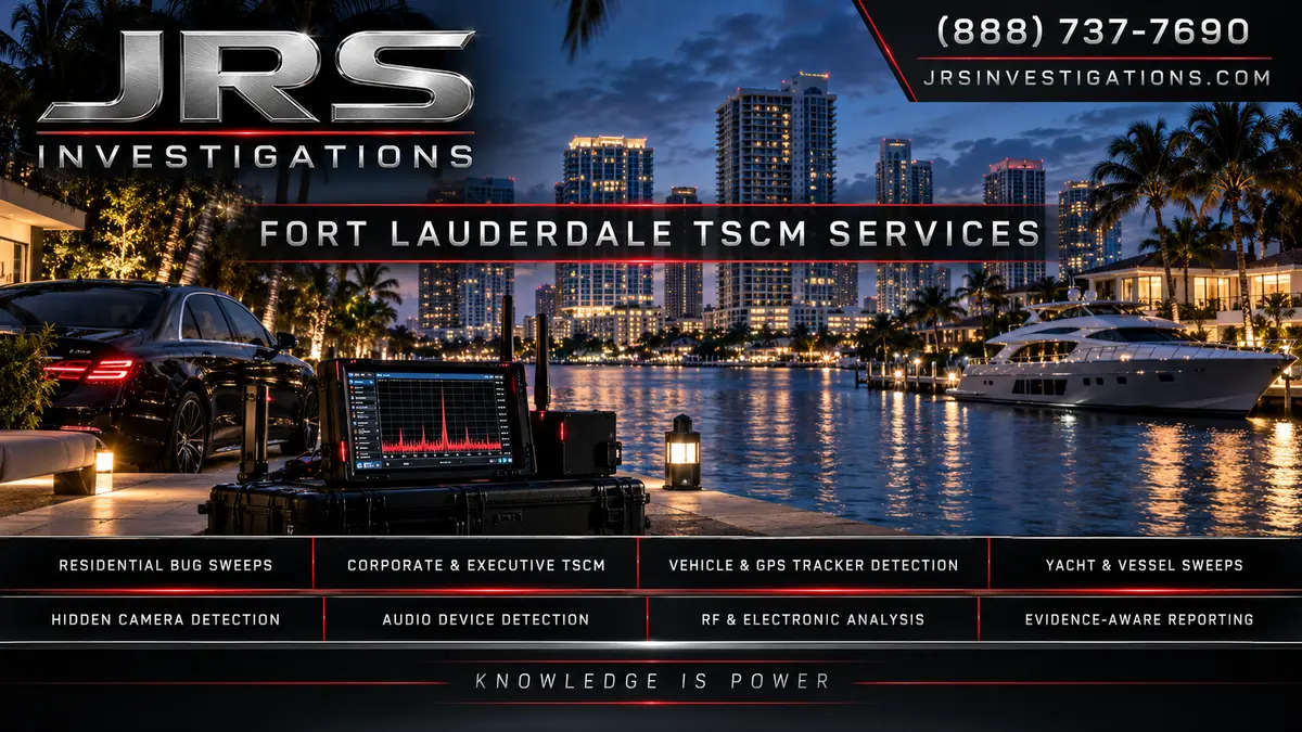 JRS Investigations Fort Lauderdale TSCM services for residences, corporations, vehicles, yachts, cameras, audio devices, RF analysis, and evidence reporting