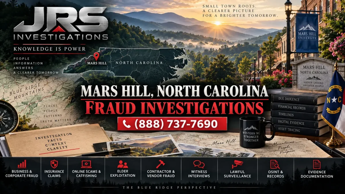 JRS Investigations Mars Hill North Carolina fraud investigations with Blue Ridge scenery, North Carolina map and red location pin, flag, and fraud service icons
