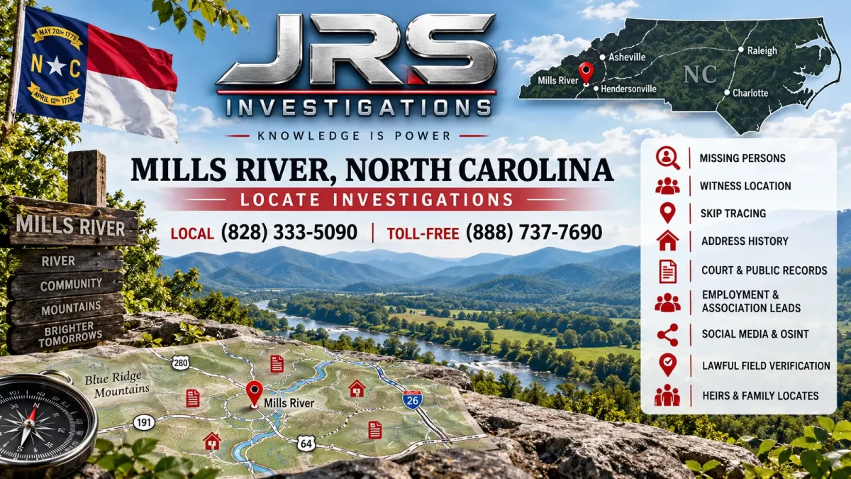 JRS Investigations Mills River North Carolina locate investigations with Blue Ridge scenery, North Carolina map, red location pin, state flag, and lawful locate service icons