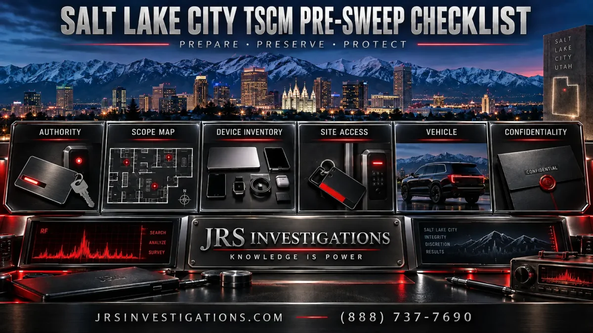Salt Lake City TSCM pre-sweep checklist for authority, scope, device inventory, site access, vehicles, and confidentiality