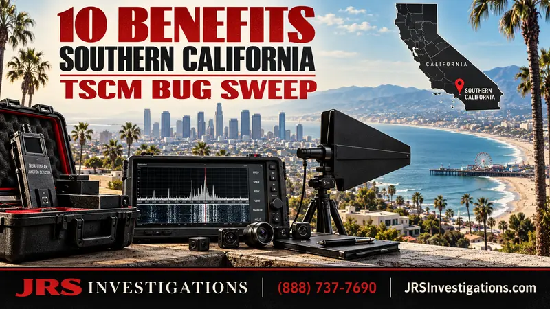 Southern California TSCM bug sweep equipment with Los Angeles skyline, Pacific coast and California map
