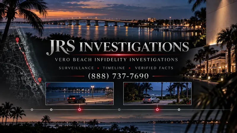 Vero Beach infidelity investigator artwork showing lawful surveillance routes, timeline points, and verified observations