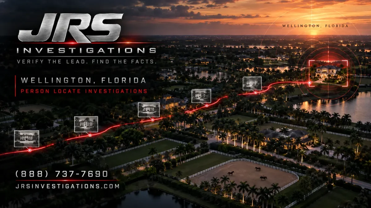 JRS Investigations Wellington Florida person-locate artwork showing a verified address trail across the equestrian community